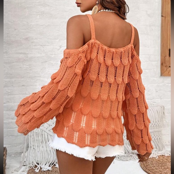 Cozy Boho Off Cold Shoulder Bell Flare Long Sleeve Pointelle Knit Sweater Top - Picture 13 of 13